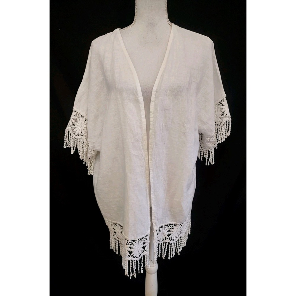 Valentina Naldi Open Front Top Blouse Kimono White 100% Linen Made in Italy O/S